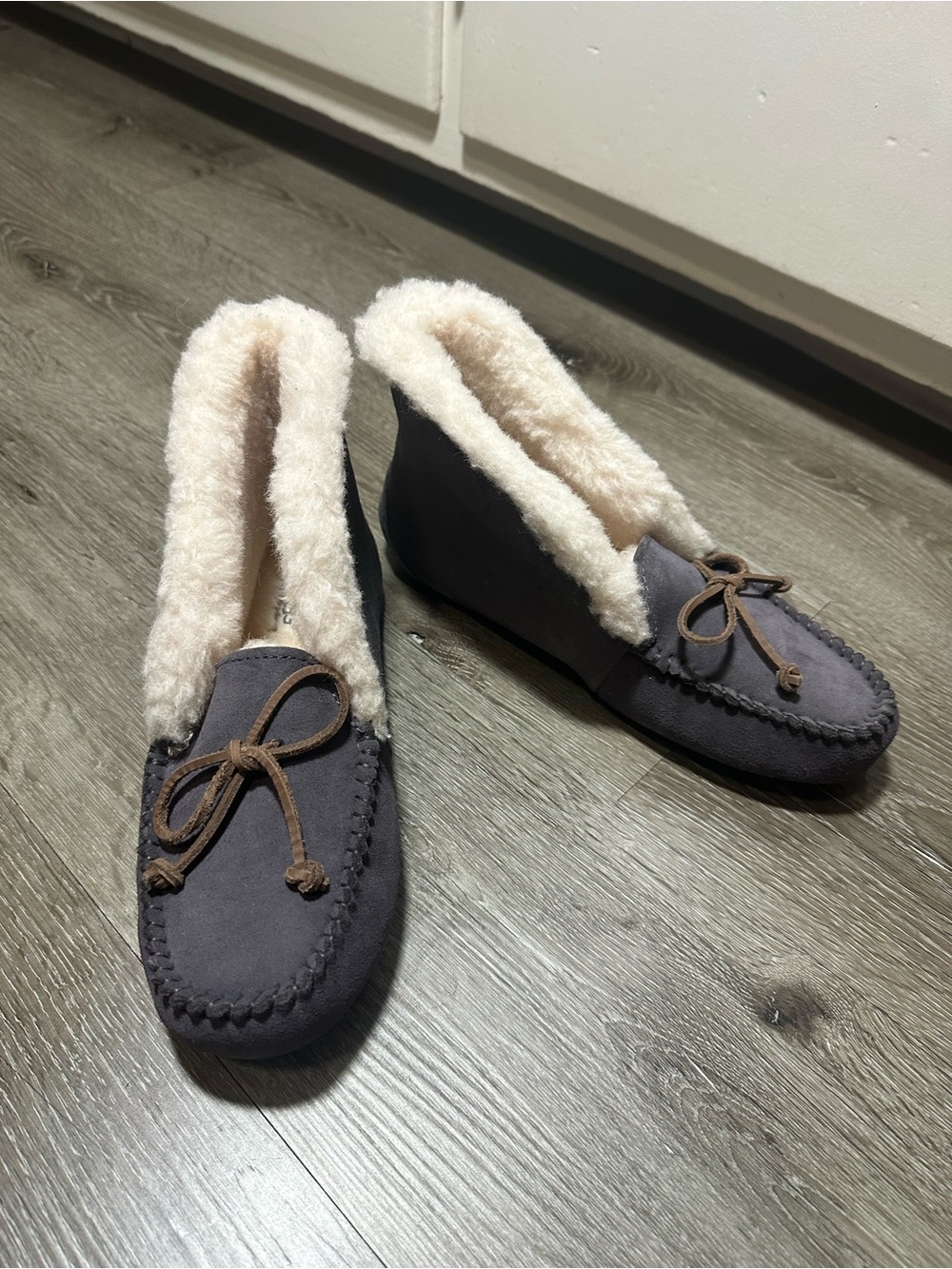 UGG Gray Suede Moccasin Slippers with Cream Shearling Trim